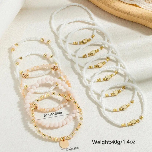 12pcs Stackable Elegant Beaded Friendahip Hand Jewelry Gold/White/Pink Set