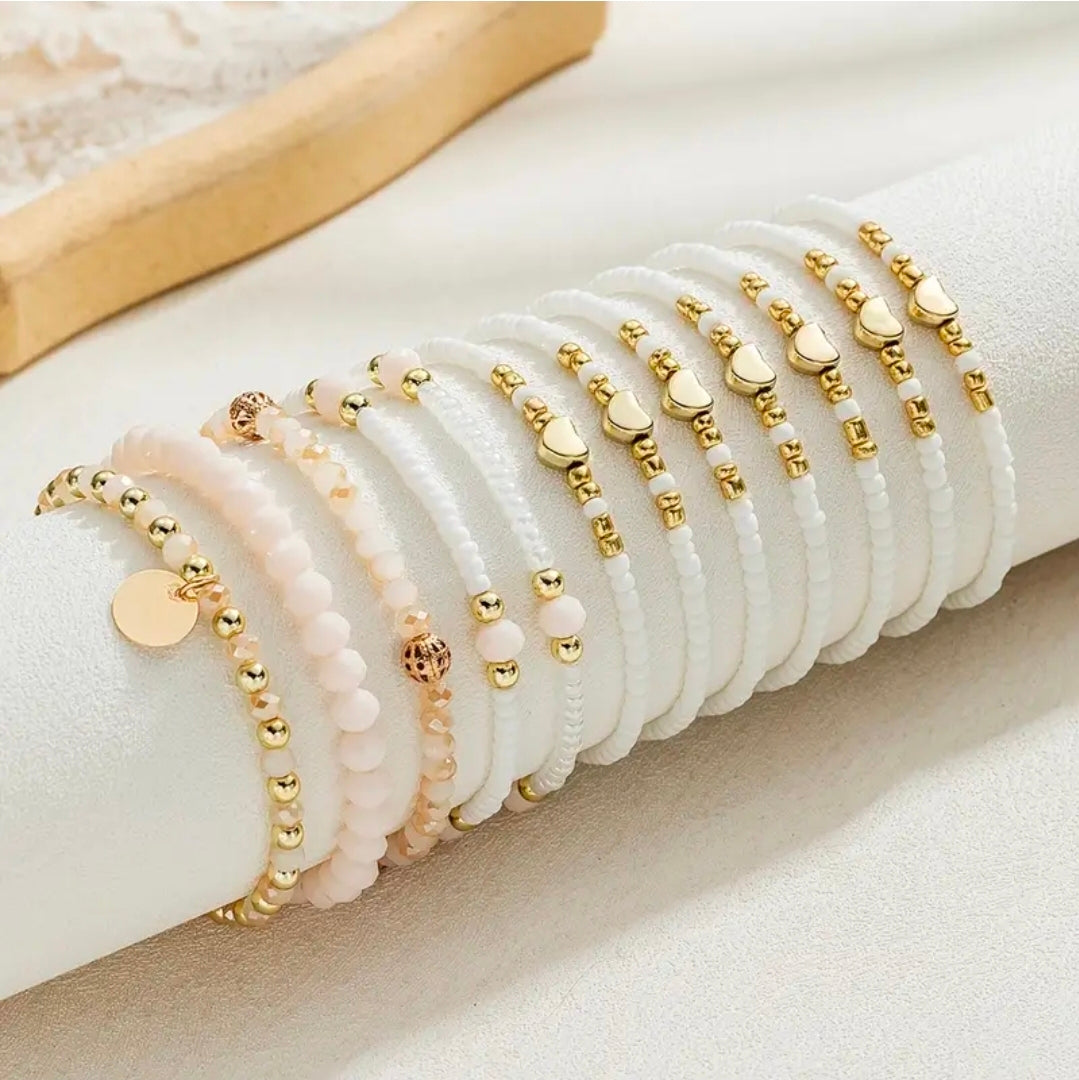 12pcs Stackable Elegant Beaded Friendahip Hand Jewelry Gold/White/Pink Set