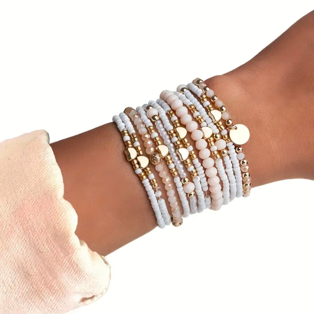 12pcs Stackable Elegant Beaded Friendahip Hand Jewelry Gold/White/Pink Set